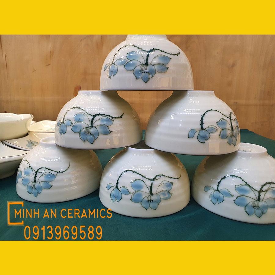 Bộ đồ ăn hoa mặt trời 15 món vẽ sen xanh gốm Minh An Bát Tràng kích thước 45cm