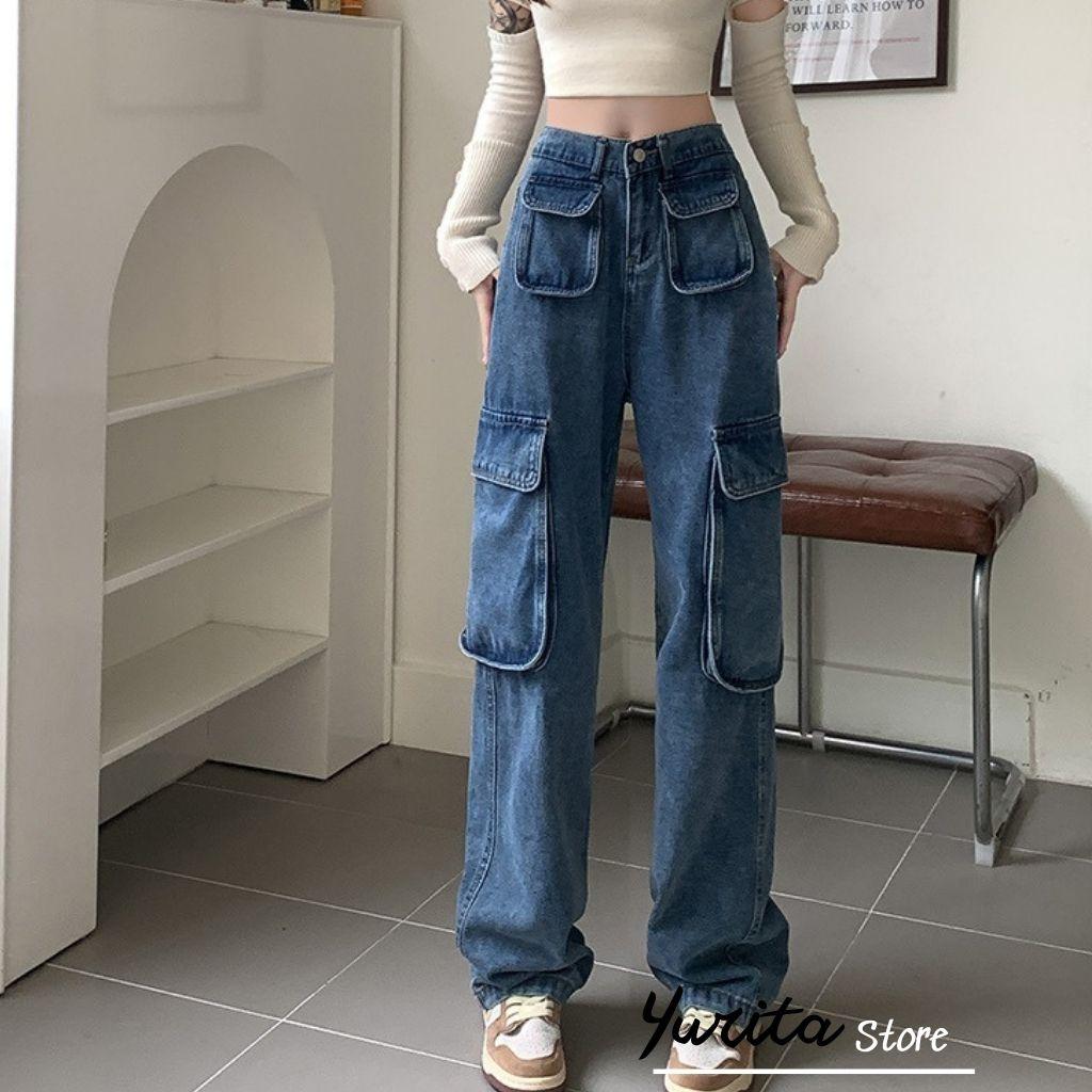 Quần Jean Túi Hộp Ống Rộng 6 Túi Yurita Quần Jeans Ống Đứng Dáng Suông Nữ Cạp Cao Màu Xanh