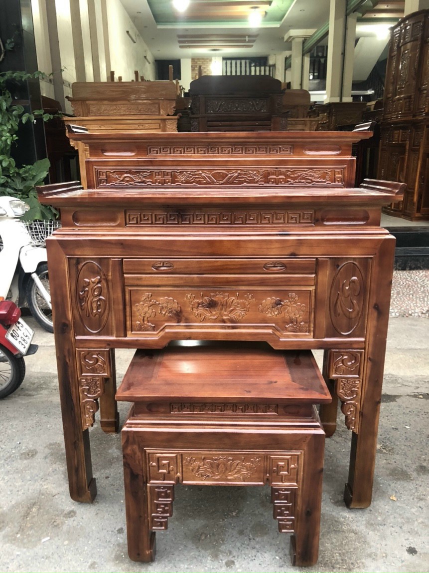 Bộ án gian 2 tầng gỗ tràm,bàn thờ gia tiên,bàn thờ gỗ ngang 1m47-1m53