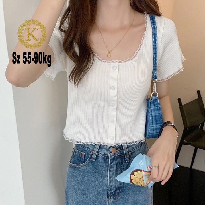 Áo croptop nữ tay ngắn bigsize 55-90kg kimfashion, Croptop bigsize phối ren phong cách Hàn Quốc AT08-D