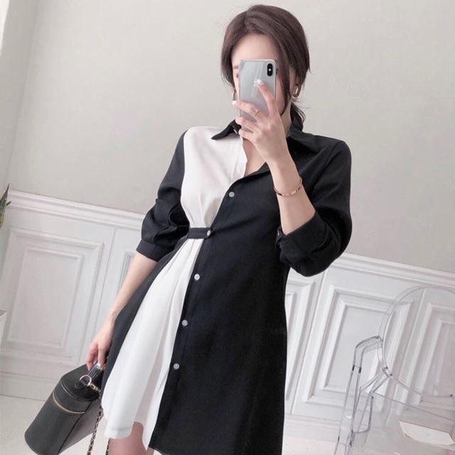 Đầm váy sơ mi đen phối trắng gài nút