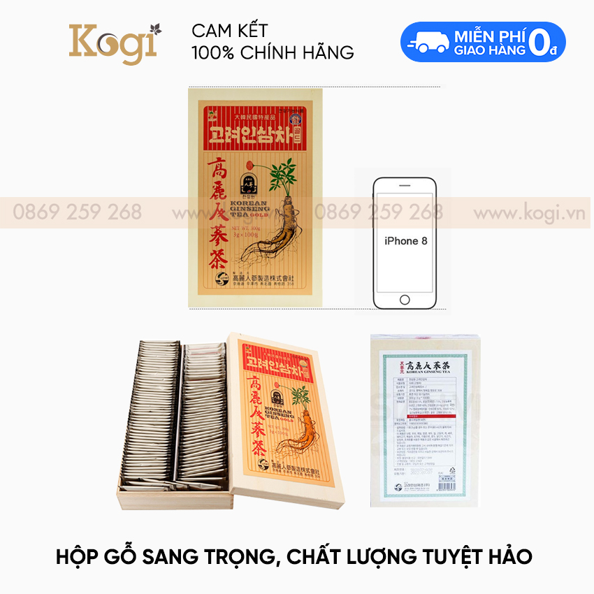 Trà hồng sâm Hàn Quốc Okinsam Hộp gỗ 100 gói - Dạng bột giúp giải nhiệt, giảm mệt mỏi, tỉnh táo tinh thần