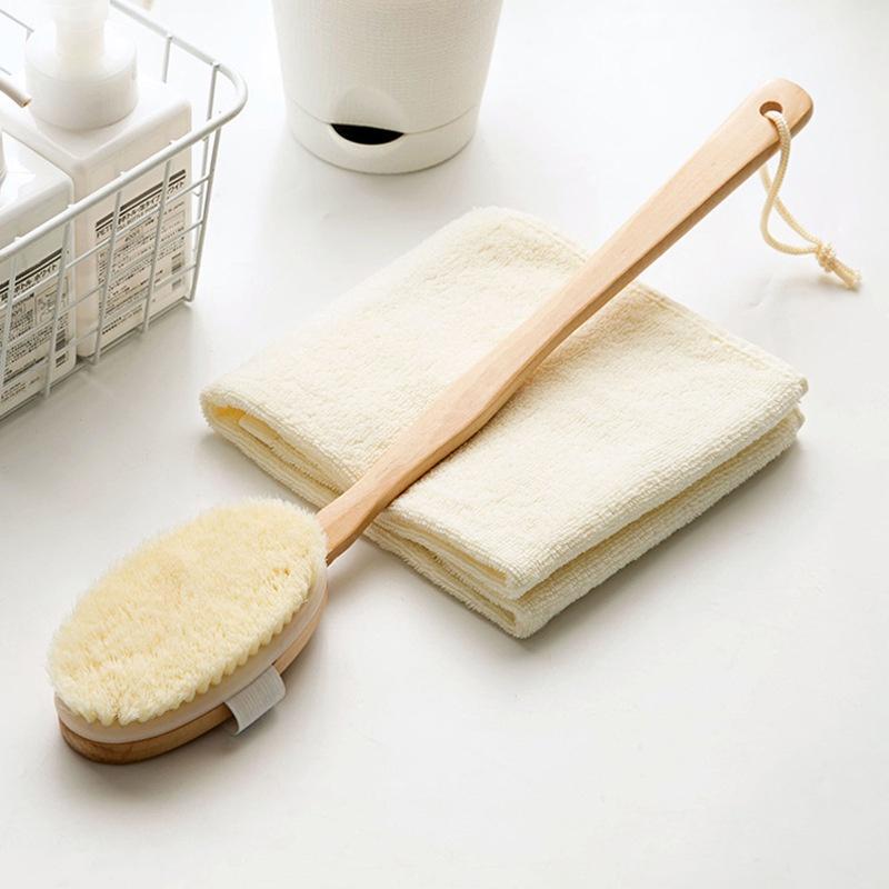 Bàn chải chà lưng cán gỗ dài tiện dụng, cây cọ lưng chà lưng tắm với sữa tắm cực sạch B0123