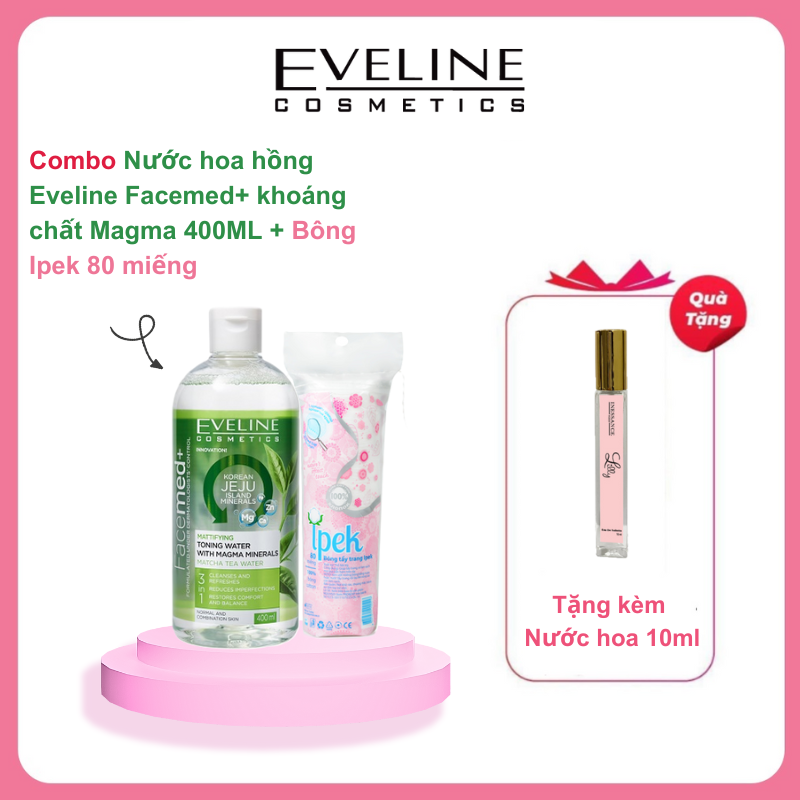 [Secret Gift] Bộ quà toner khoáng chất Magma Eveline Facemed 500ml &amp; Bông tẩy trang Ipek 80 miếng