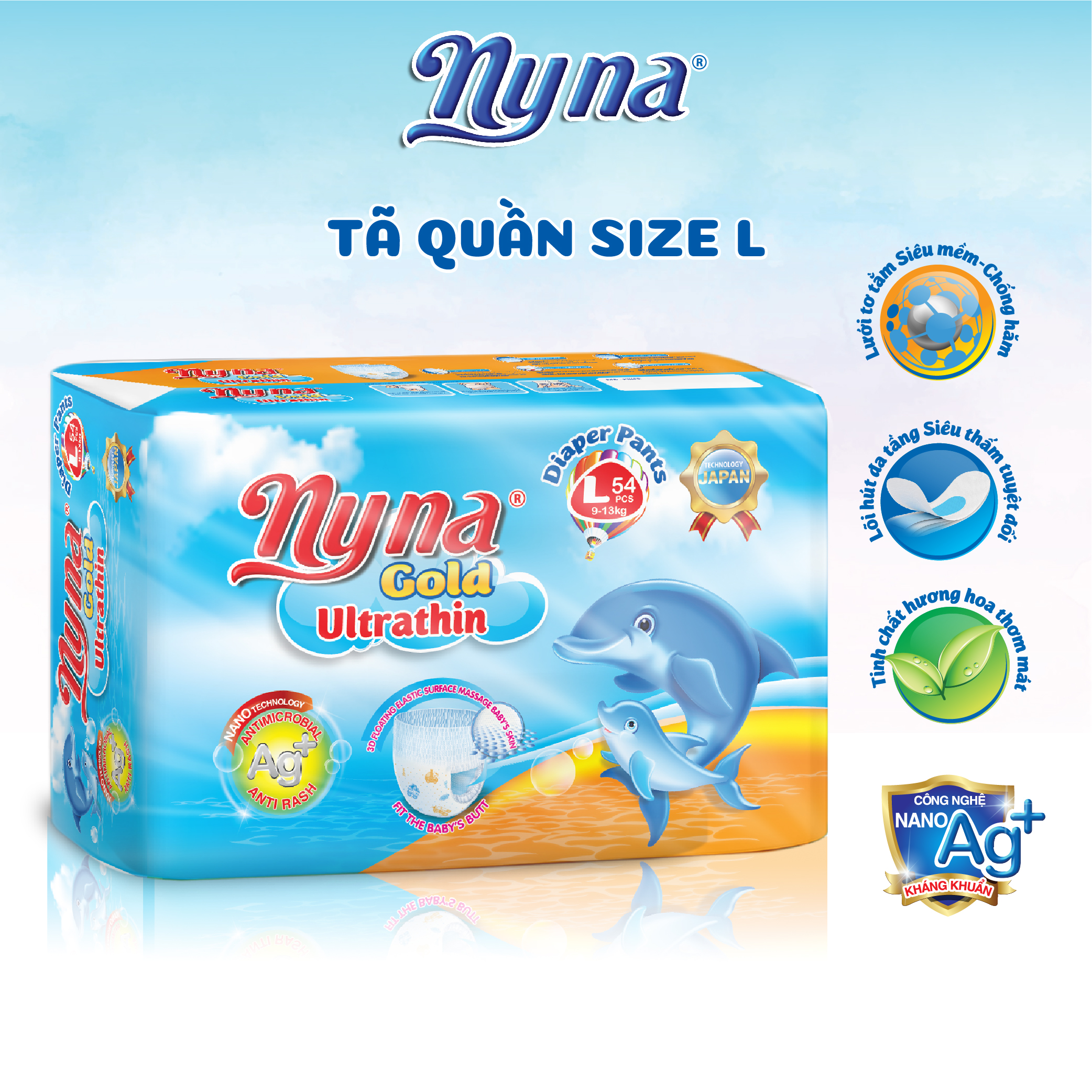 Tã Quần Siêu Mỏng Size L 54 Miếng Nyna Gold Siêu Thấm Khô Thoáng Cho Bé