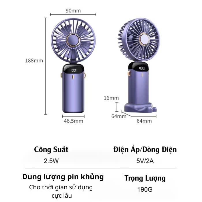 Quạt Mini Cầm Tay Tích Điện 10.000mAh, Đeo Cổ, Gấp Gọn, 5 Tốc Độ Gió Linh Hoạt - HÀNG CHÍNH HÃNG MINIIN