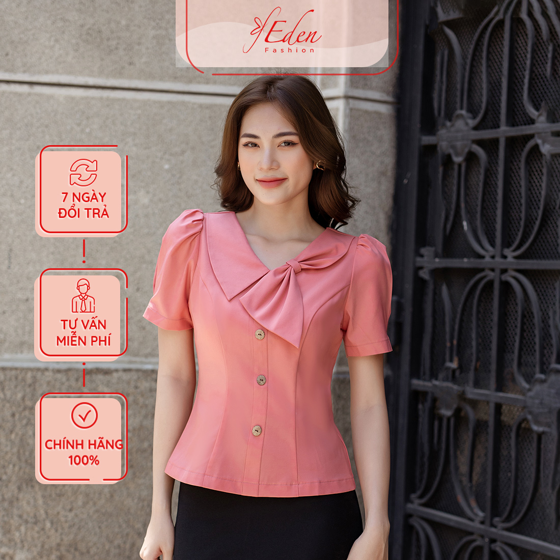 Áo kiểu công sở cổ tim nơ cách điệu thời trang Eden - ASM203