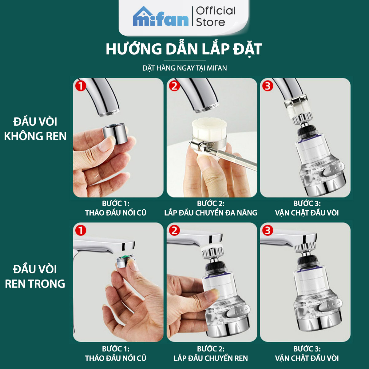 Đầu vòi rửa bát tăng áp lọc nước 3 chế độ phun Mifan - Lõi PP loại bỏ cặn bẩn, clo, màu và mùi, cổ xoay 360 bồn rửa chén