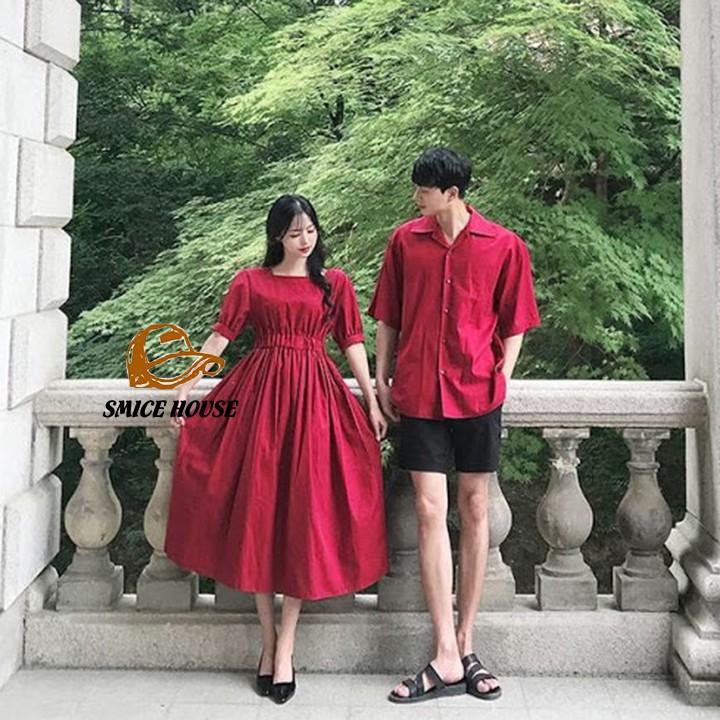 SET ĐỒ CẶP NAM NỮ, ÁO ĐÔI ĐẦM XÒE VÀ ÁO SƠ MI NAM DÀNH ĐỂ ĐI DU LỊCH CHỤP HÌNH CƯỚI ĐI BIỂN 2 MÀU XANH ĐỎ - SMICE HOUSE