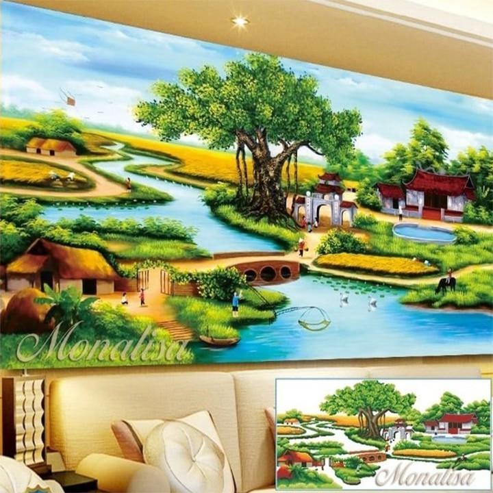 Tranh đá quê hương cây đa đầu đình Y8172 - kích thước: 160 * 70cm.