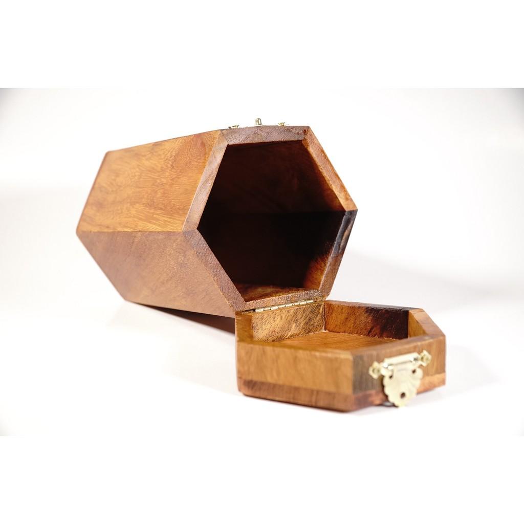 Ống tăm gỗ hương CÔ GÁI ống đựng tăm lục giác có nắp mở - Cao 8cm