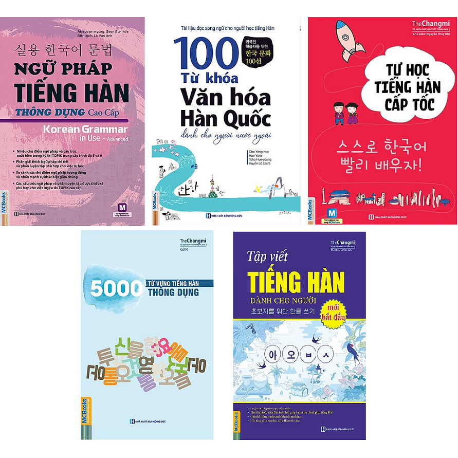 Tiếng Hàn combo 5 quyển: 1.Ngữ Pháp Tiếng Hàn Thông Dụng - Cao Cấp+ 2.100 Từ Khóa Văn Hóa Hàn Quốc Dành Cho Người Nước Ngoài+ 3.Tự Học Tiếng Hàn Cấp Tốc+ 4.5000 Từ Vựng Tiếng Hàn Thông Dụng+ 5.Tập Viết Tiếng Hàn Dành Cho Người Mới Bắt Đầu