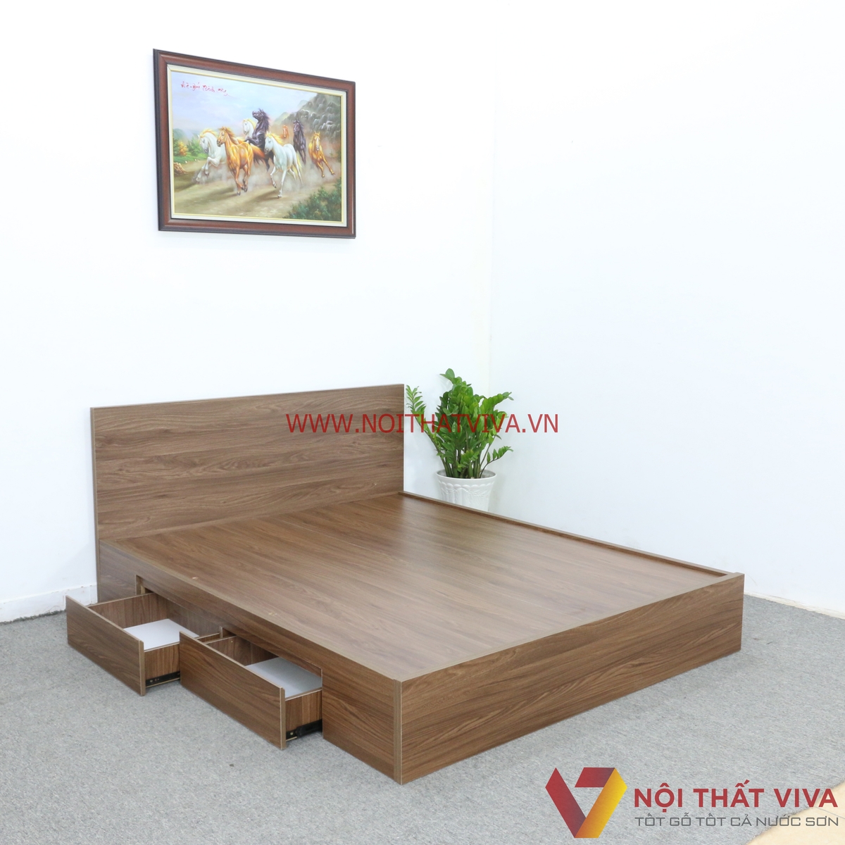 Giường Ngủ Gỗ MDF Phủ Melamine Ngăn Kéo Màu Óc Chó