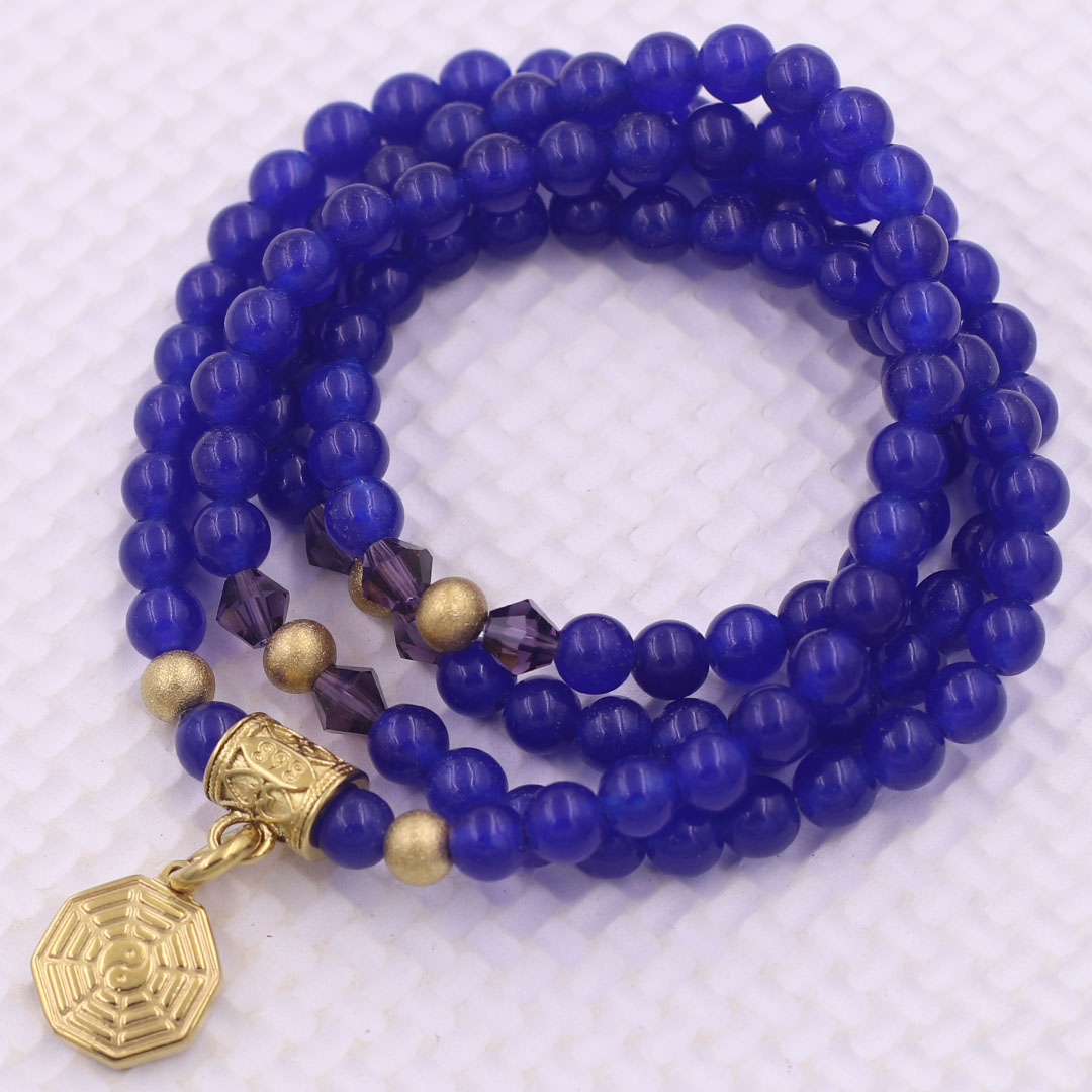 Vòng chuỗi 108 hạt đá thạch anh xanh dương 6 ly charm bát quái inox - vòng chuỗi niệm Phật, vòng tay chuỗi hạt