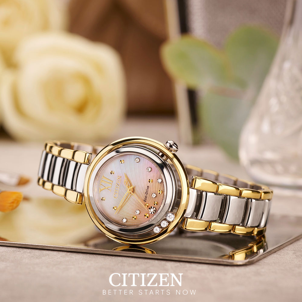 Đồng Hồ Nữ Citizen Đính Kim Cương Dây Thép Không Gỉ EM0329-54D - Mặt Xà Cừ (Sapphire)