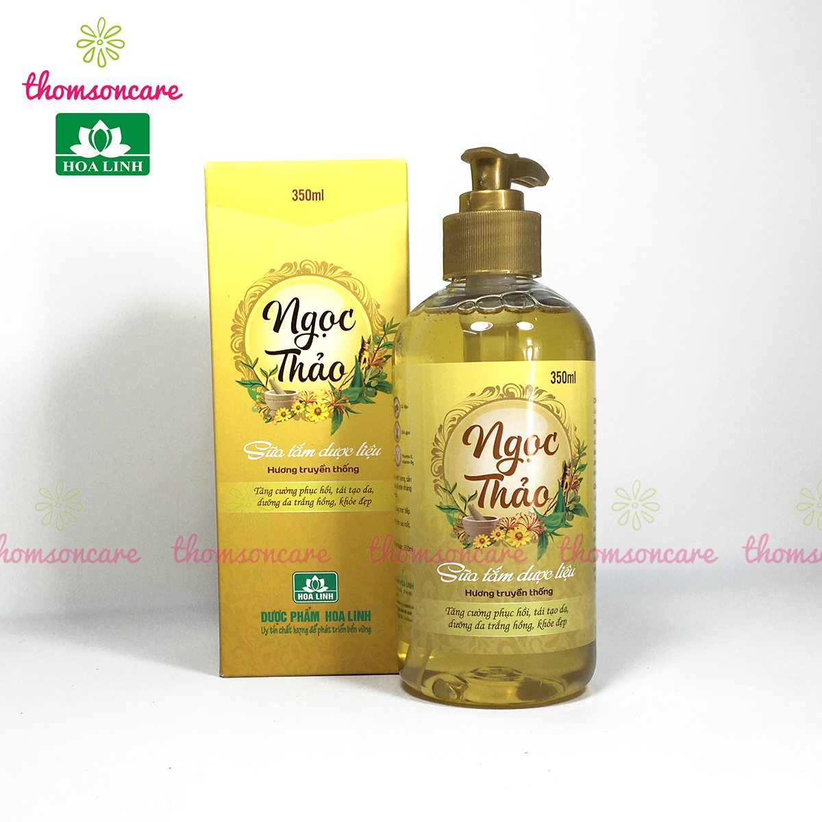 Sữa tắm dược liệu Ngọc Thảo 350ml - Chai có vòi của Hoa Linh - Từ vitamin E, chè xanh, lô hội, kim ngân