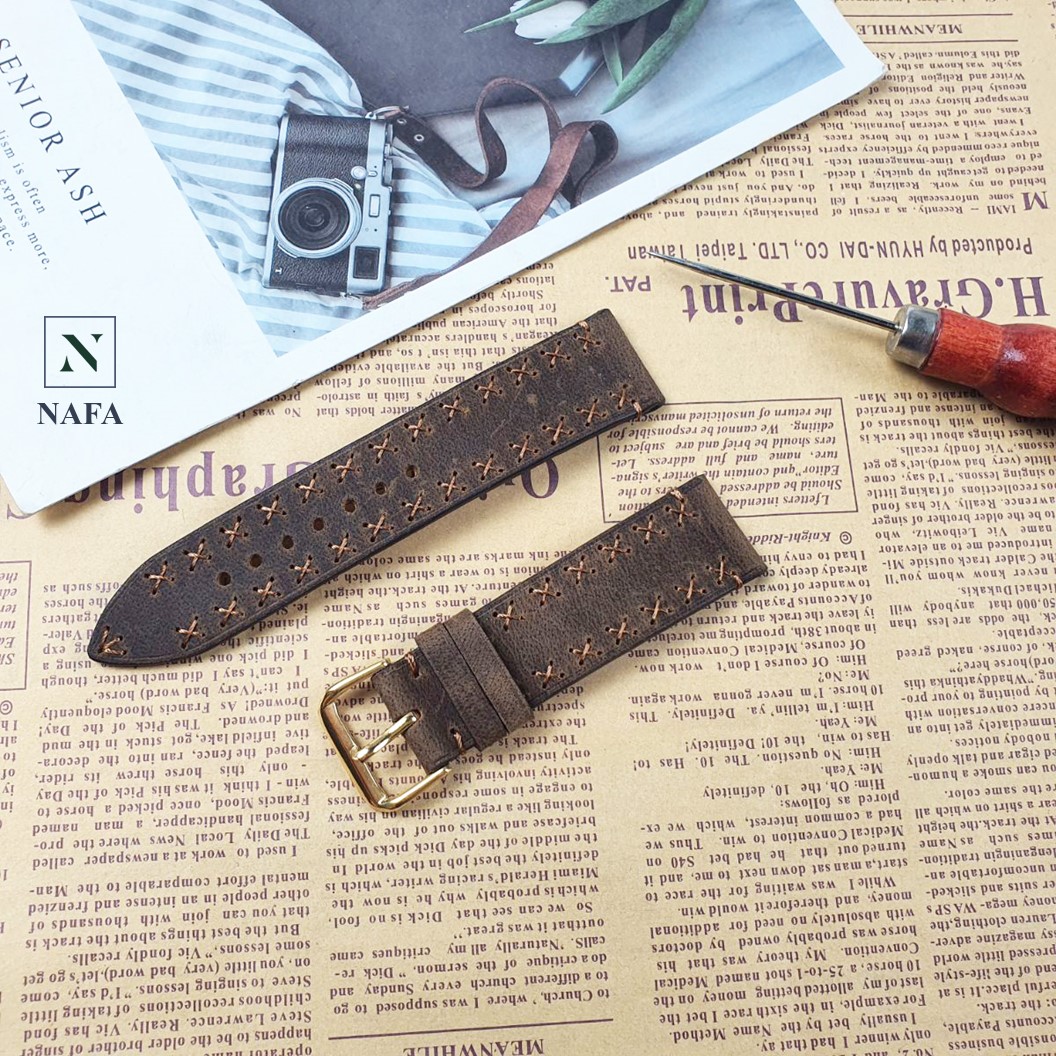 Dây đồng hồ nam handmade thủ công da bò sáp NAFA AL117 đường may bền bỉ, tinh tế