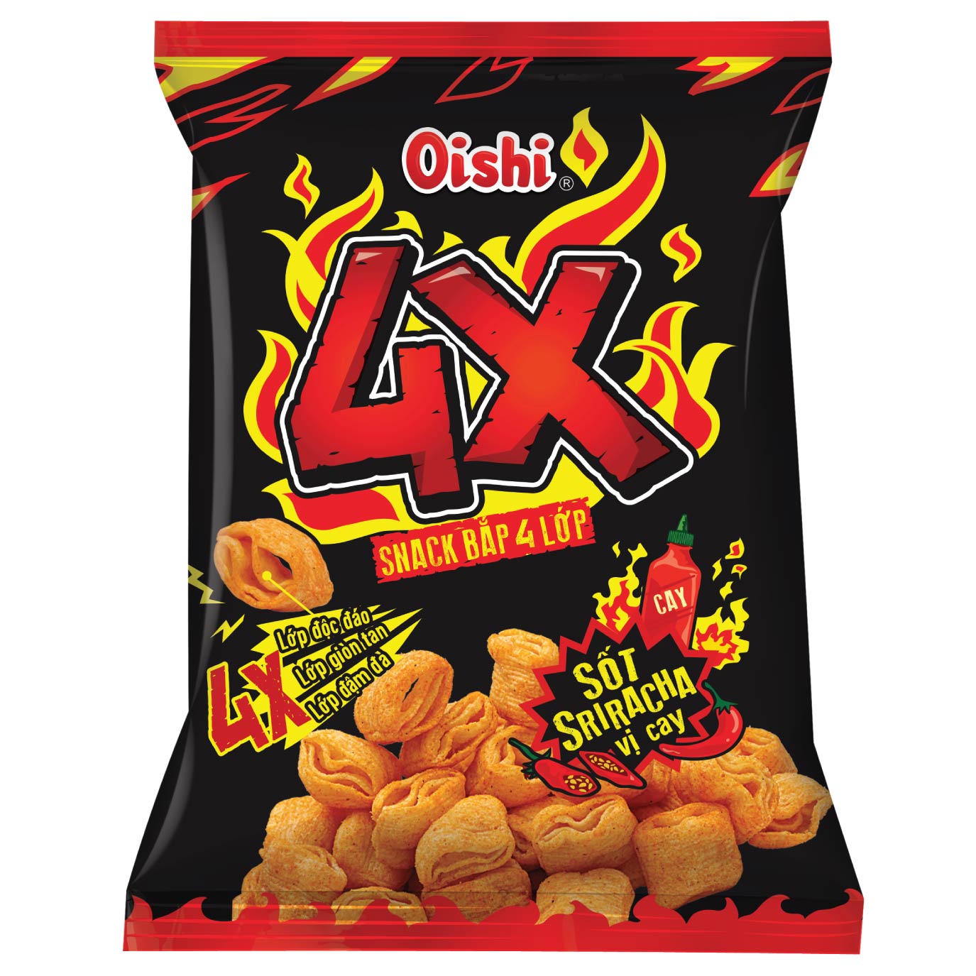 Combo 12 gói Oishi Snack Bắp 4X Sốt Sriracha Vị Cay (75g/gói)