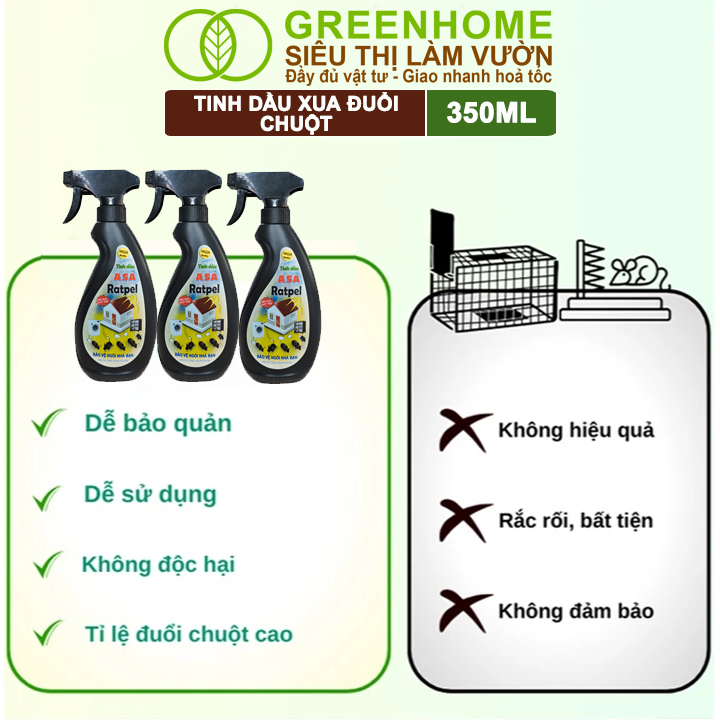 Tinh Dầu Xua Đuổi Chuột Greenhome, ASA Rapel, Chai 350ml, Thảo Mộc, An Toàn Cho Người Và Vật Nuôi