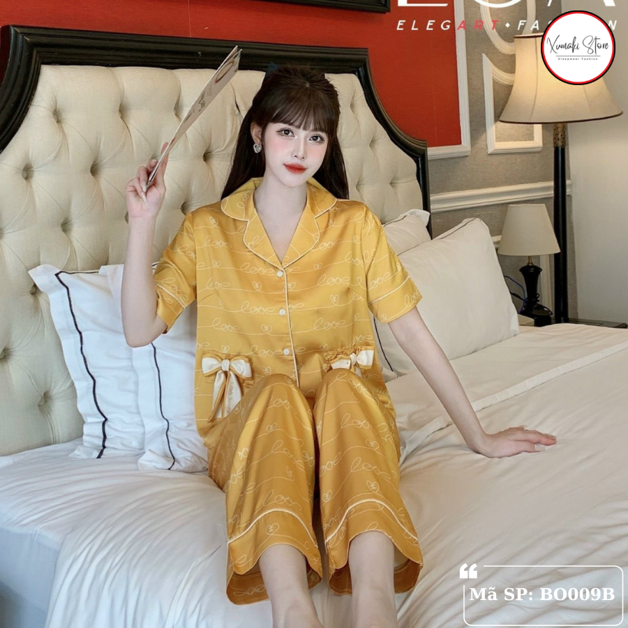 Bộ pijamas nữ áo cộc quần dài túi nơ xinh chất lụa cao cấp Xumaki Store BO009B