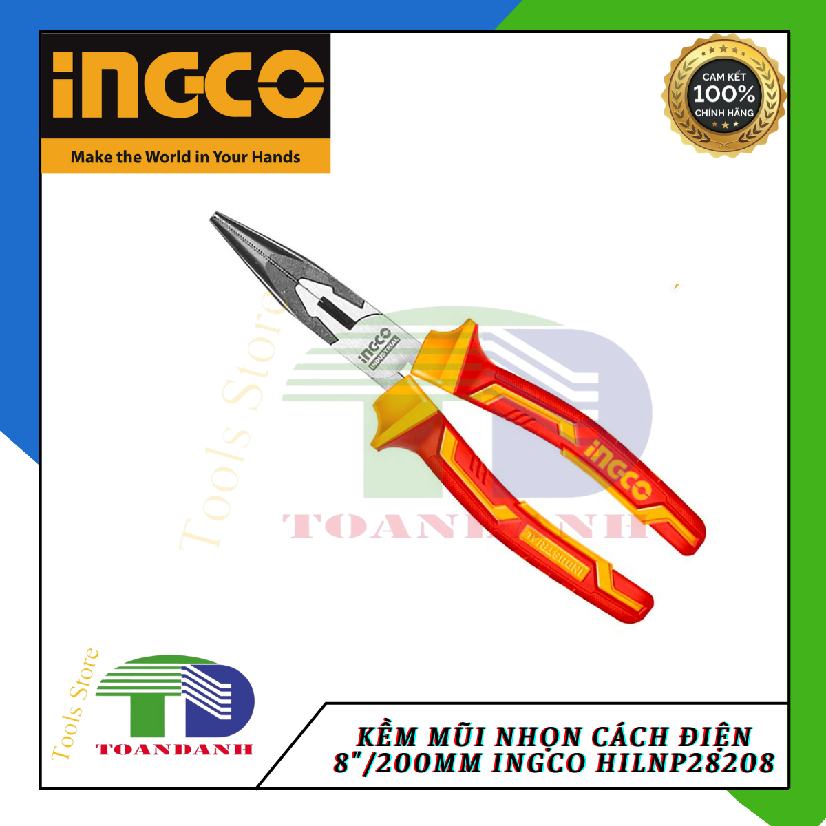 Kềm mũi nhọn cách điện 8"/200mm ingco HILNP28208
