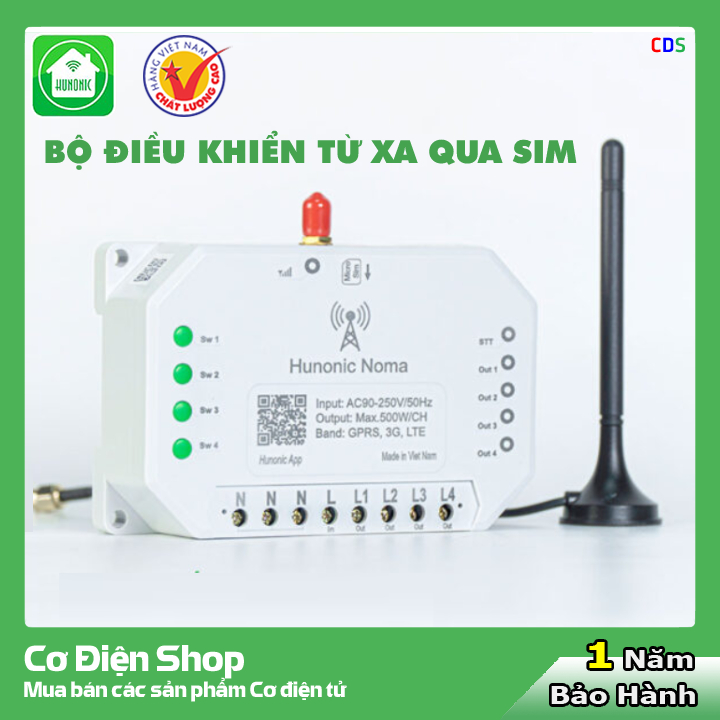 Công Tắc Thông Minh Dùng Sim Hunonic Noma 4CH - 4 Kênh 500W/Kênh - Điều Khiển Từ Xa Bằng Điện Thoại - Công nghệ 4.0