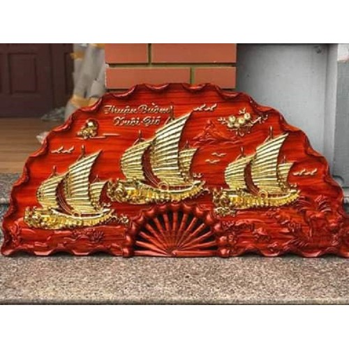 Tranh quạt gỗ thuận buồm xuôi gió - gỗ hương đỏ