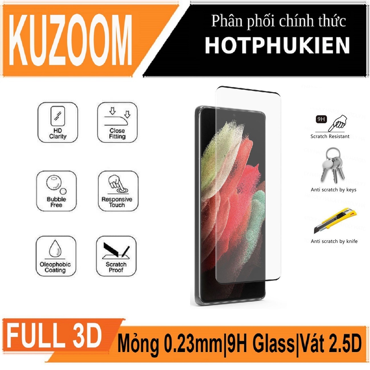 Miếng dán kính cường lực 3D cho Samsung Galaxy S21 / Galaxy S21 Ultra / Galaxy S21 Plus / Galaxy S21+ hiệu Kuzoom Protective Glass - mỏng 0.3mm, vát cạnh 2.5D, độ cứng 9H, viền cứng mỏng - Hàng nhập khẩu