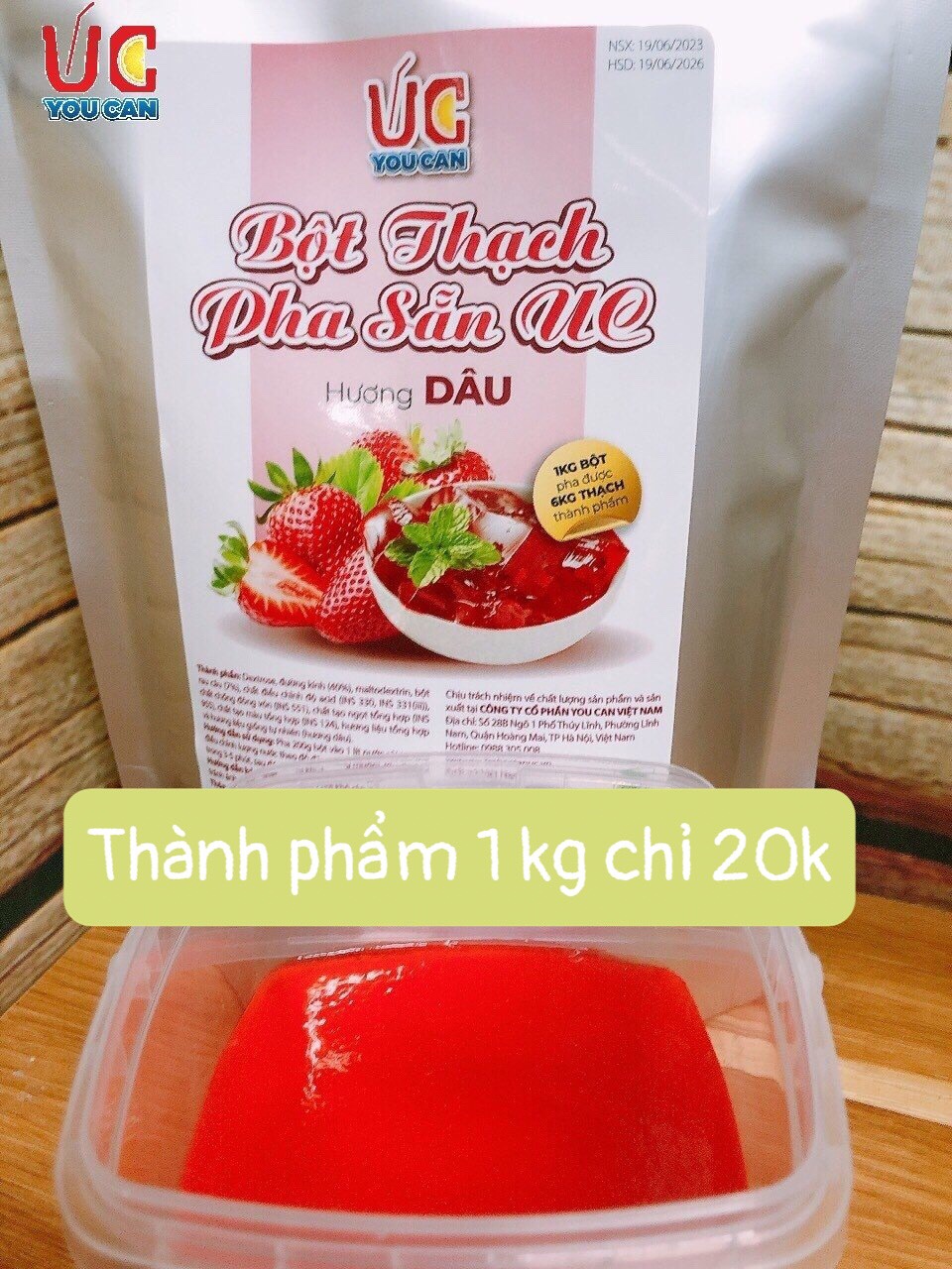 BỘT THẠCH DÂU PHA SẴN UC, chỉ cần hoà với nước sôi, không cần đun nấu. Dễ pha tiết kiệm chi phí sản phẩm đã đủ vị.