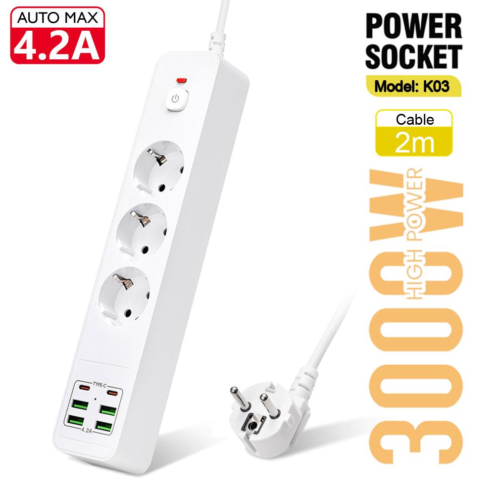 3000W EU PLUP Dải nguồn AC Outlets Đa ổ cắm 2m Điện dây mở rộng với bộ lọc mạng USB Type C PD 4.2A