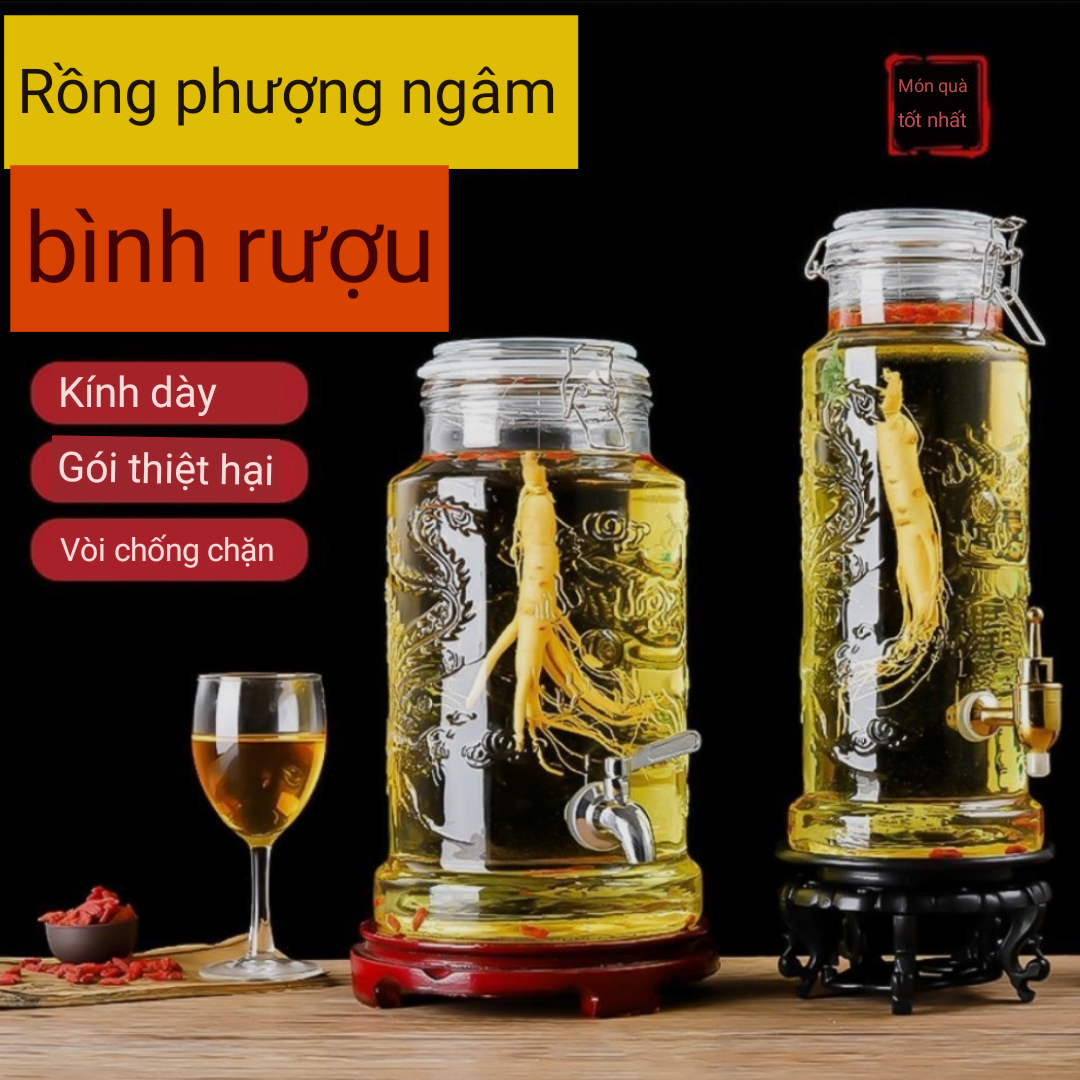 Bình ngâm rượu thủy tinh Hoa văn rồng có Vòi bằng Inox và Đế nhựa siêu cứng [4 lít và 6 lít] Tinh xảo cao cấp