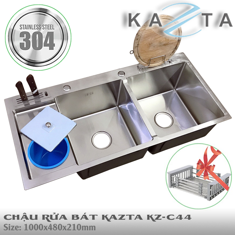 Chậu Rửa Bát Inox Cao Cấp KAZTA KZ-C43 C44 Loại 2 Hộc 1 Cánh - Kích thước 100x48cm rộng rãi tiện dụng