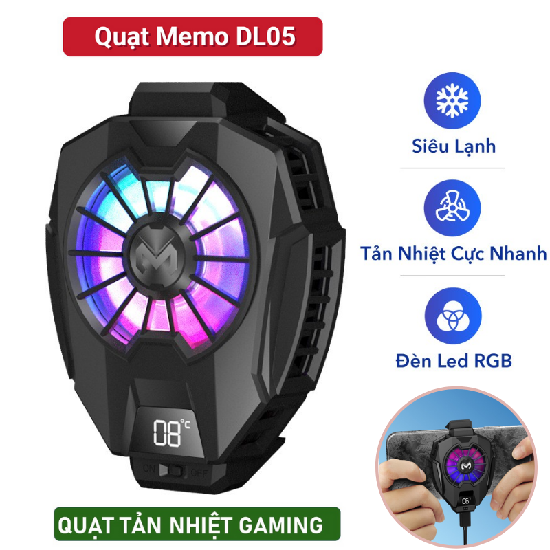 Quạt Tản Nhiệt Điện Thoại MEMO DL05 Siêu Lạnh, Hiển Thị Nhiệt Độ LED RGB Kẹp Thu Vào 2 Chiều