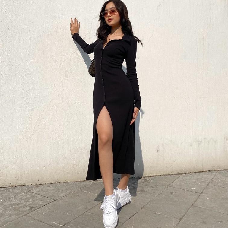Váy thun gân body dài tay đen Mia đầm sơ mi len gân gân khuy trước váy maxi Angelina Long Sleeve Dress Mia Ritta V1028