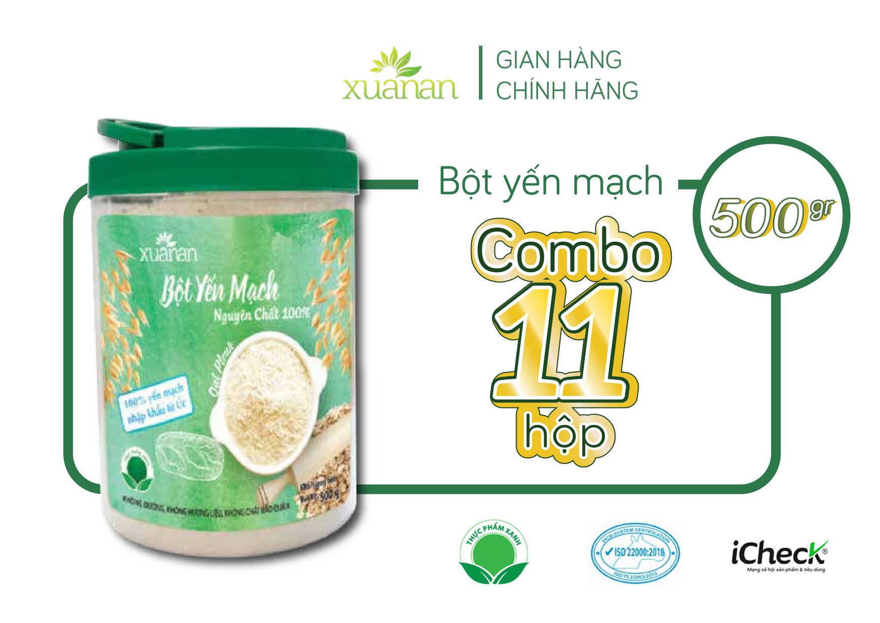 Combo 11 Hộp Bột Yến Mạch Nguyên Chất 100% Xuân An [ko đường] Hộp 500G(Tặng Kèm 11 Túi Yến Mạch 150G)