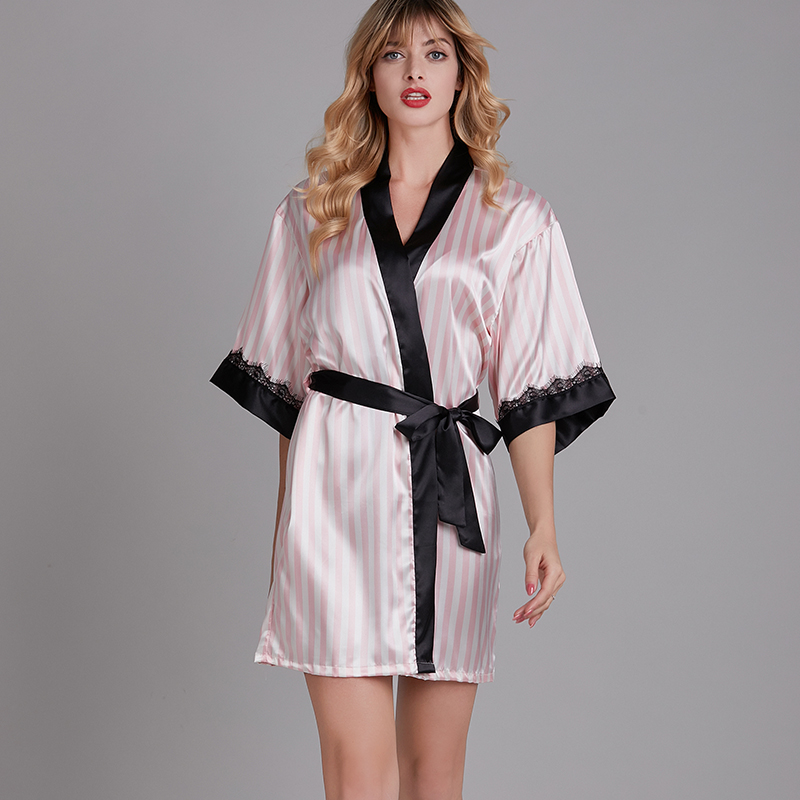Áo ngủ kẻ hồng, dáng kimono không nhăn - Vaperla