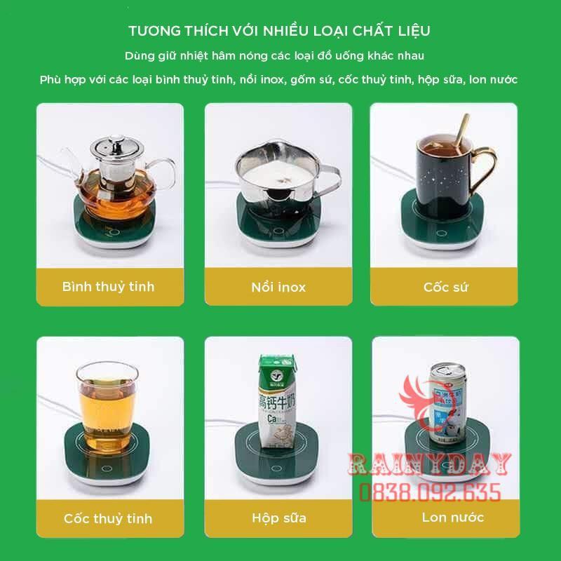 Đế máy hâm nóng đồ uống cà phê sữa cafe trà 55 độ cổng usb thông minh mini kèm cốc sứ thìa hộp