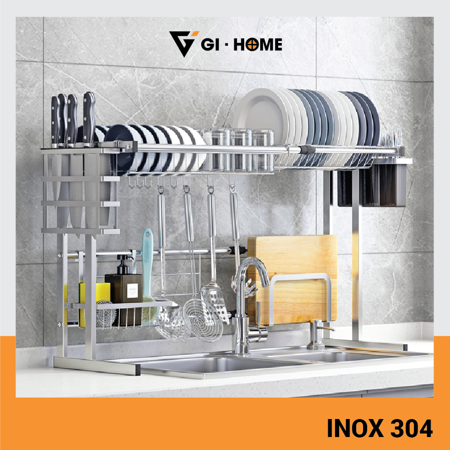 Kệ Chén Bát Đa Năng GIHOME Inox 304, Giá Bát Trên Bồn Rửa Ráo Nước Kèm Móc Treo Di Động Cho Nhà Bếp Sạch Sẽ Cao 52cm