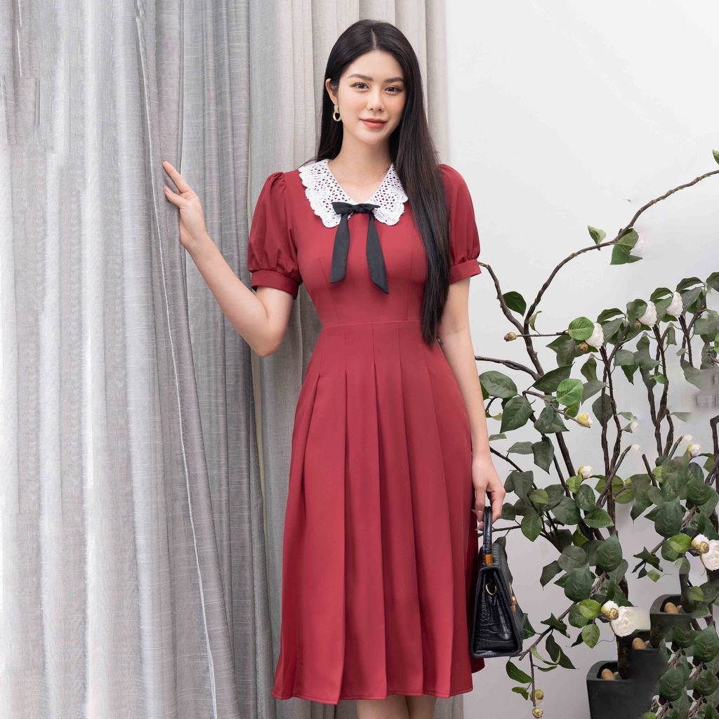 Đầm Xòe Xếp Ly Phối Nơ Cổ Váy Liền UK Fashion Chất Liệu Vải Cao Cấp Tôn Dáng, Thiết Kế Thanh Lịch, Hiện Đại NKDV2202006