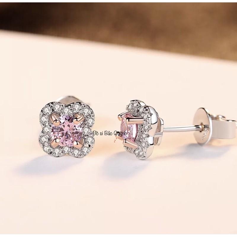 Bông tai đính fianit màu hồng, bạc ý 925