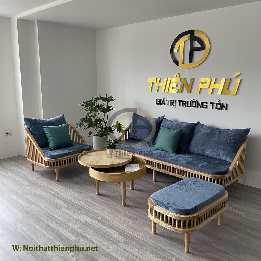 Bộ sofa gỗ Dedar KBH màu tự kết hợp bàn trà xoay Turning hiện đại