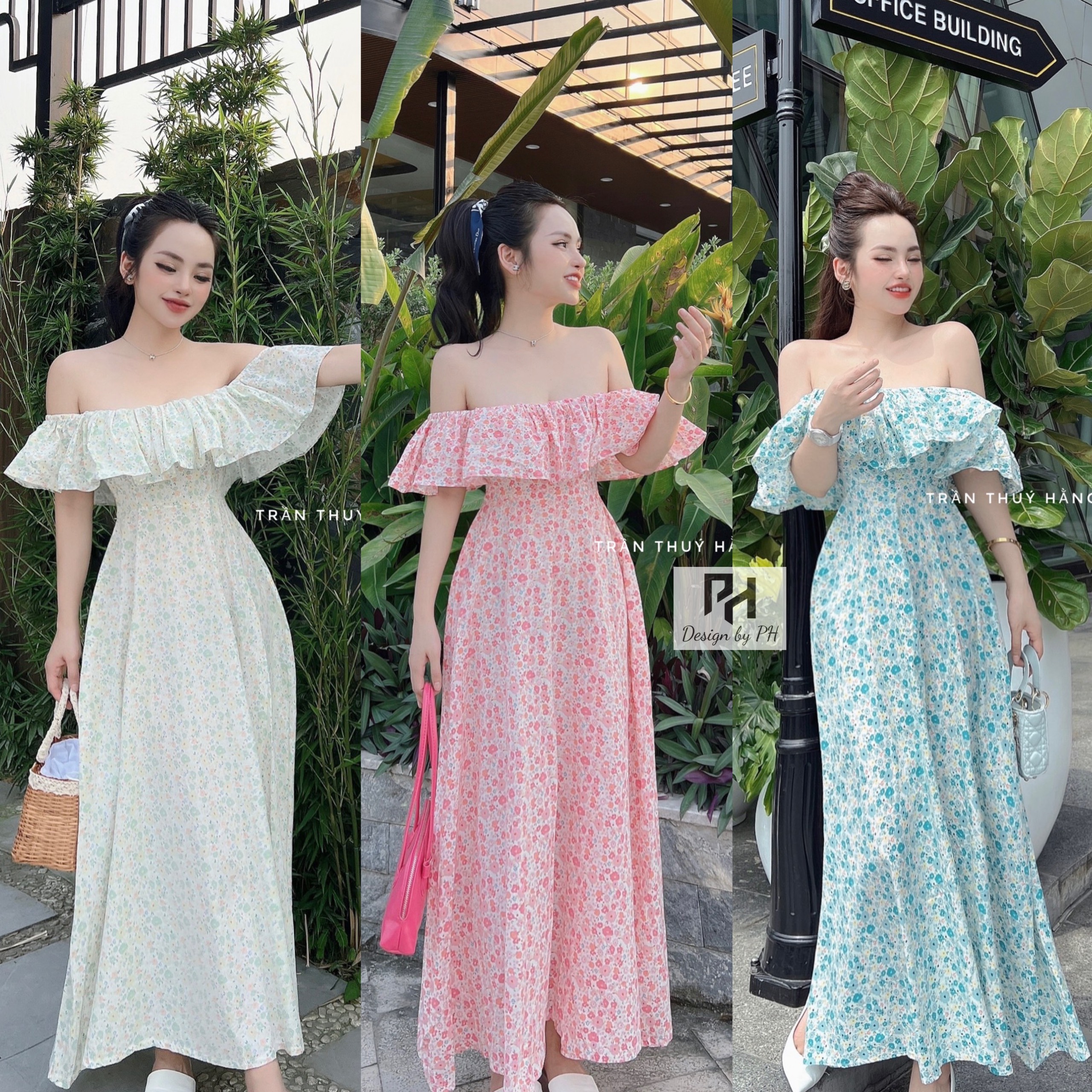 Váy đầm hoa nhí trễ vai dáng dài