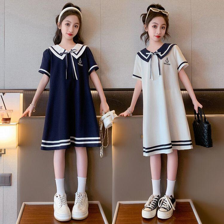 DONGSHOP Cô gái váy mùa hè 2023 cô gái lớn quần áo trẻ em phong cách phương Tây gầy học viện phong hải quân cổ sinh viên váy