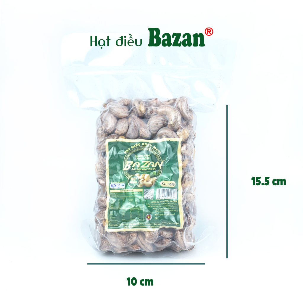 Hạt điều rang muối Bazan Bình Phước nguyên hạt dinh dưỡng loại 1 túi hút chân không 500g còn vỏ lụa