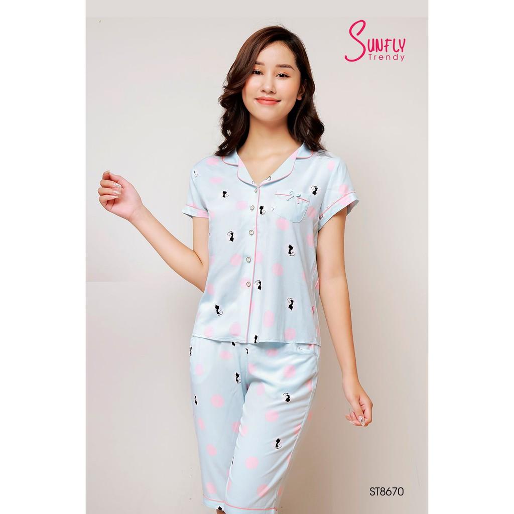 Bộ đồ Pijama mặc nhà Sunfly. Set đồ lanh cao cấp chất Lanh mềm mại, họa tiết chấm bi đơn giản dáng áo cộc quần ngố