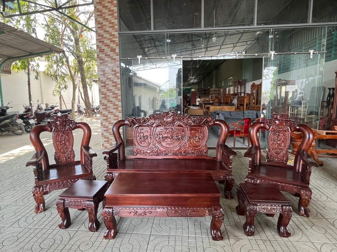 Bộ salon gỗ tràm víp tay 12 huỳnh nghê đỉnh-bộ bàn ghế phòng khách