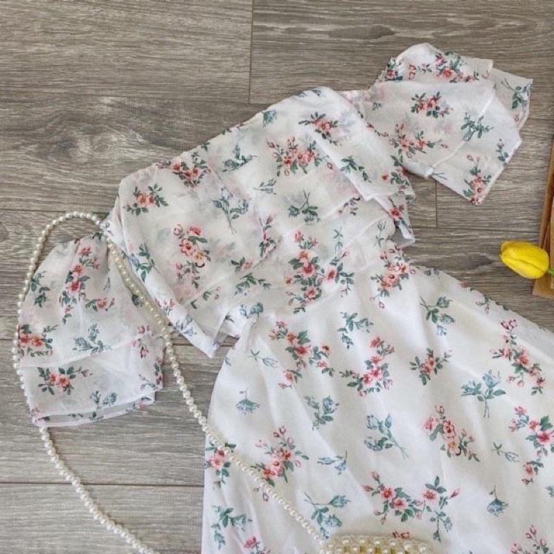 Đầm hoa trễ vai tay bèo mút ngực