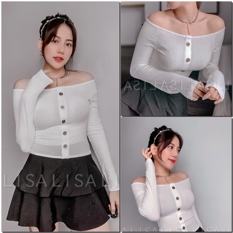 Hình ảnh Áo Croptop Thun Gân Kiểu Trễ Vai, Bẹc Vai, Hở Vai Tay Dài Trụ Họa Tiết Nút Màu Trắng Đen Xám Rêu Đỏ Cam Ôm Body Siêu Rẻ