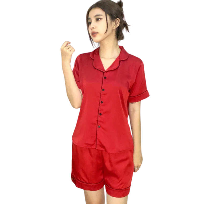 Bộ đồ Pijama lụa, đồ mặc nhà nữ  VILADY - B125 kiểu quần đùi tay cộc họa tiết trơn, chất liệu lụa Pháp (lụa latin) cao cấp - Màu đỏ đô