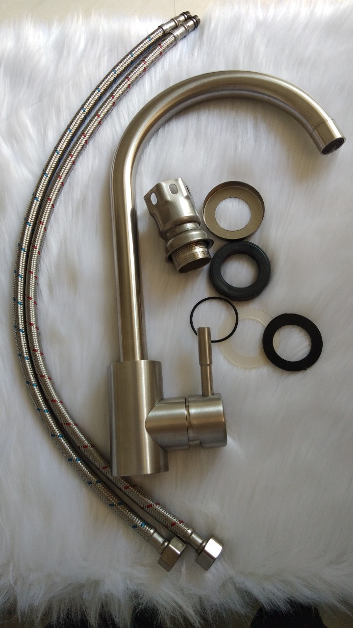 Vòi rửa chén, rửa bát nóng lạnh Inox SUS 304 tặng kèm 2 dây cấp nước nóng lạnh (60 cm)